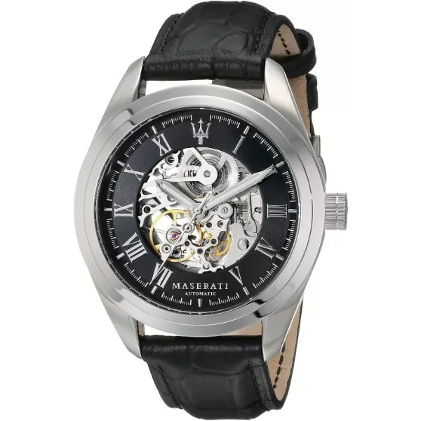 Maserati Traguardo Black Leather Strap Black Dial Automatic Watch for Gents - R88723140011