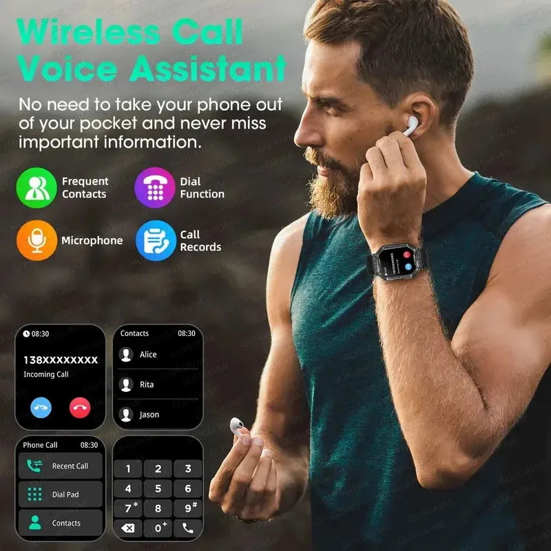 Men Military Smart Watch 2.01-inch HD Screen GPS IP68 Outdoor Sports Tracker 24H Health Monitoring Smartwatch