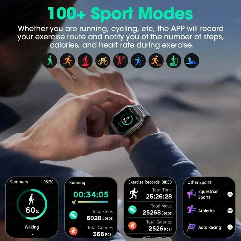 Men Military Smart Watch 2.01-inch HD Screen GPS IP68 Outdoor Sports Tracker 24H Health Monitoring Smartwatch
