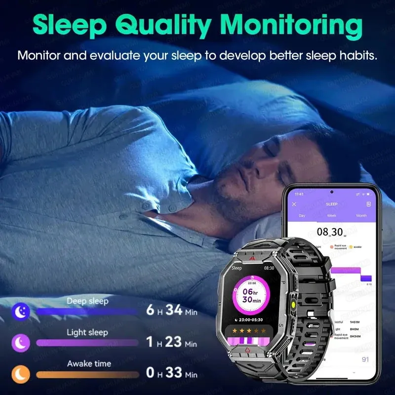 Men Military Smart Watch 2.01-inch HD Screen GPS IP68 Outdoor Sports Tracker 24H Health Monitoring Smartwatch