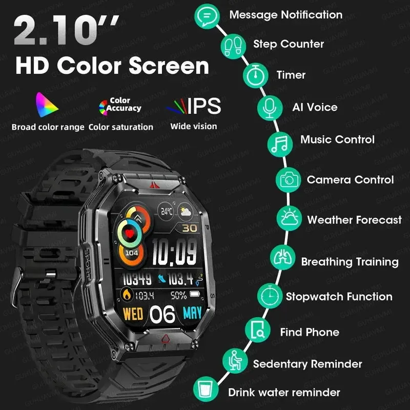 Men Military Smart Watch 2.01-inch HD Screen GPS IP68 Outdoor Sports Tracker 24H Health Monitoring Smartwatch