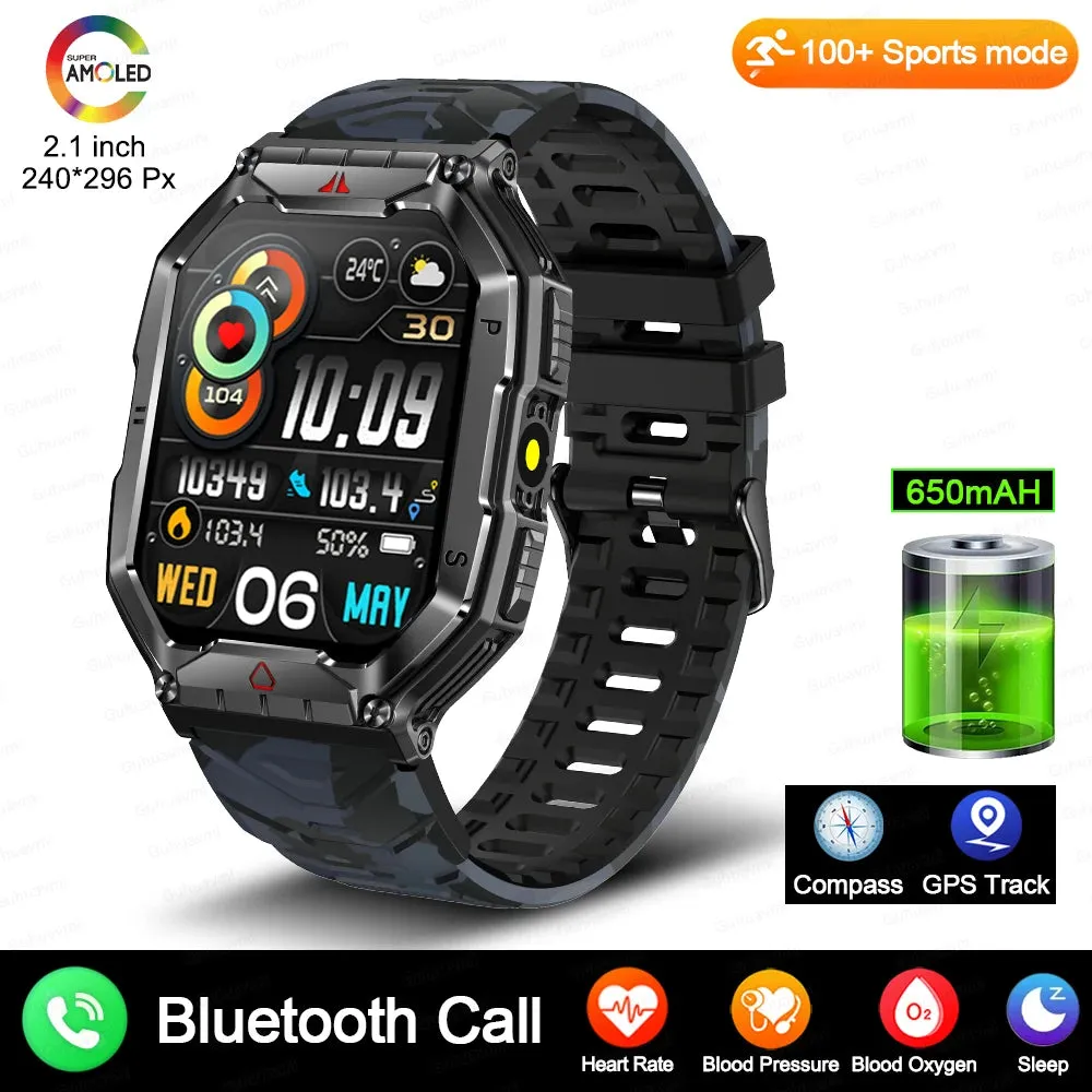 Men Military Smart Watch 2.01-inch HD Screen GPS IP68 Outdoor Sports Tracker 24H Health Monitoring Smartwatch