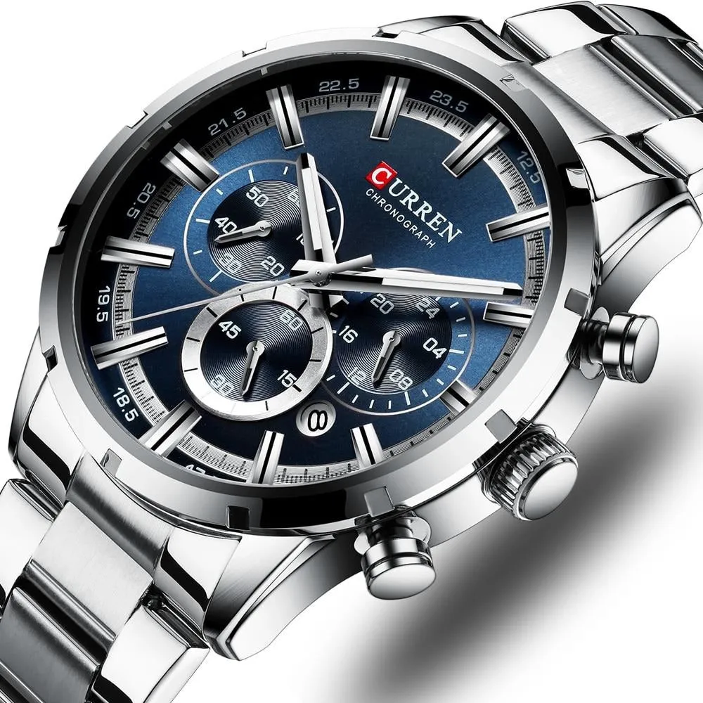 Military Quartz Silver Blue Men Stainless Steel Chronograph Wrist watch