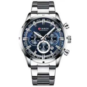 Military Quartz Silver Blue Men Stainless Steel Chronograph Wrist watch