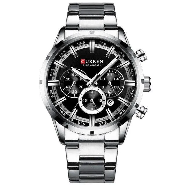 Military Quartz Silver Blue Men Stainless Steel Chronograph Wrist watch