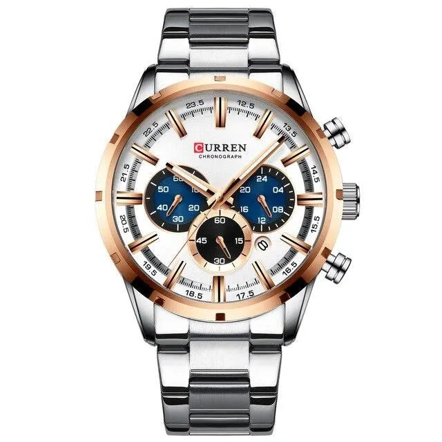 Military Quartz Silver Blue Men Stainless Steel Chronograph Wrist watch