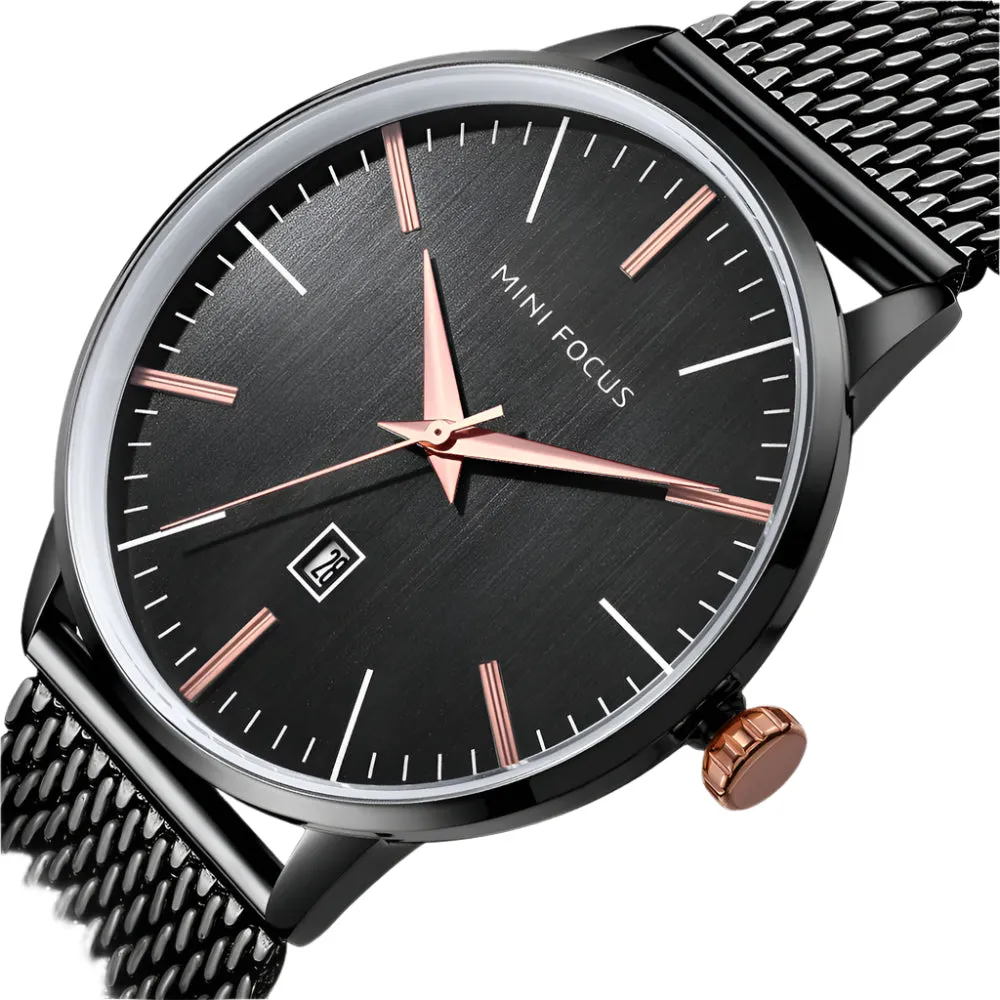 Mini Focus Black Mesh Bracelet Black Dial Quartz Watch for Gents - MF0115G-07