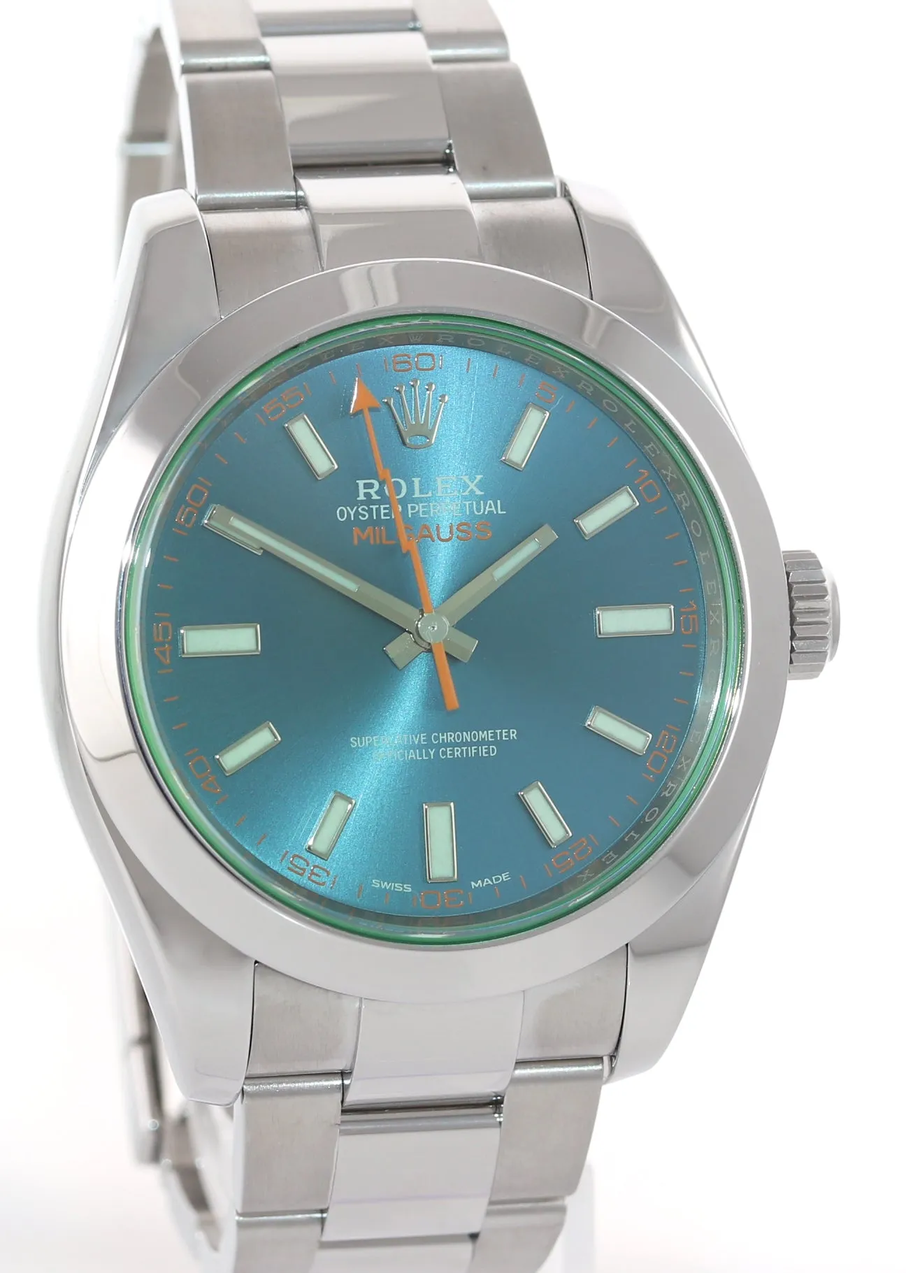 MINT 2015 PAPERS Rolex Milgauss Blue Dial Anniversary Green 116400GV Steel Watch