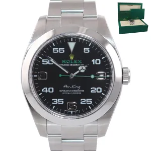 MINT  2021 Rolex Air King 116900 Black Arabic Dial 40mm Steel Green Watch Box