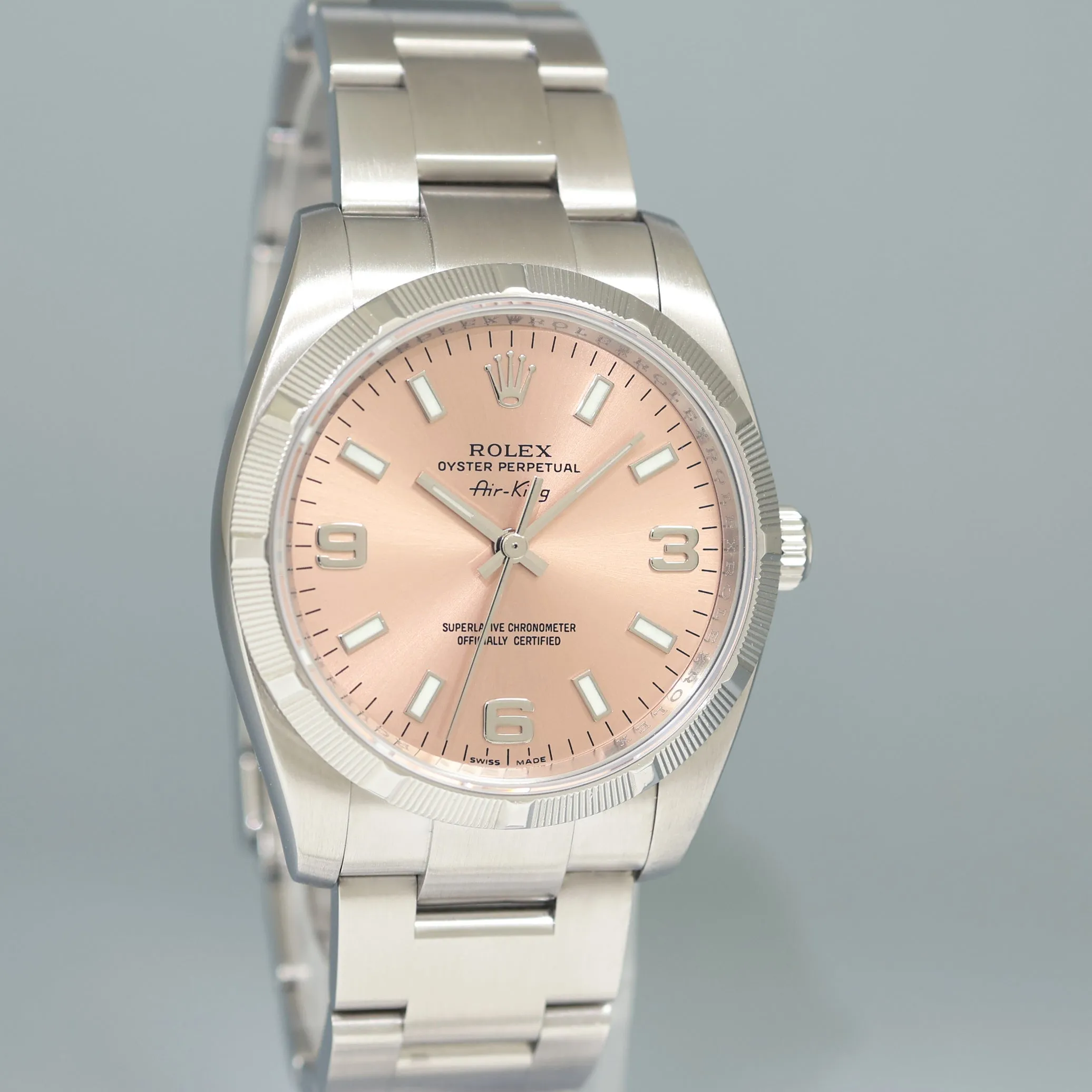 MINT Rolex Air King 114210 Salmon 34mm Pink Dial Oyster Steel Watch Box