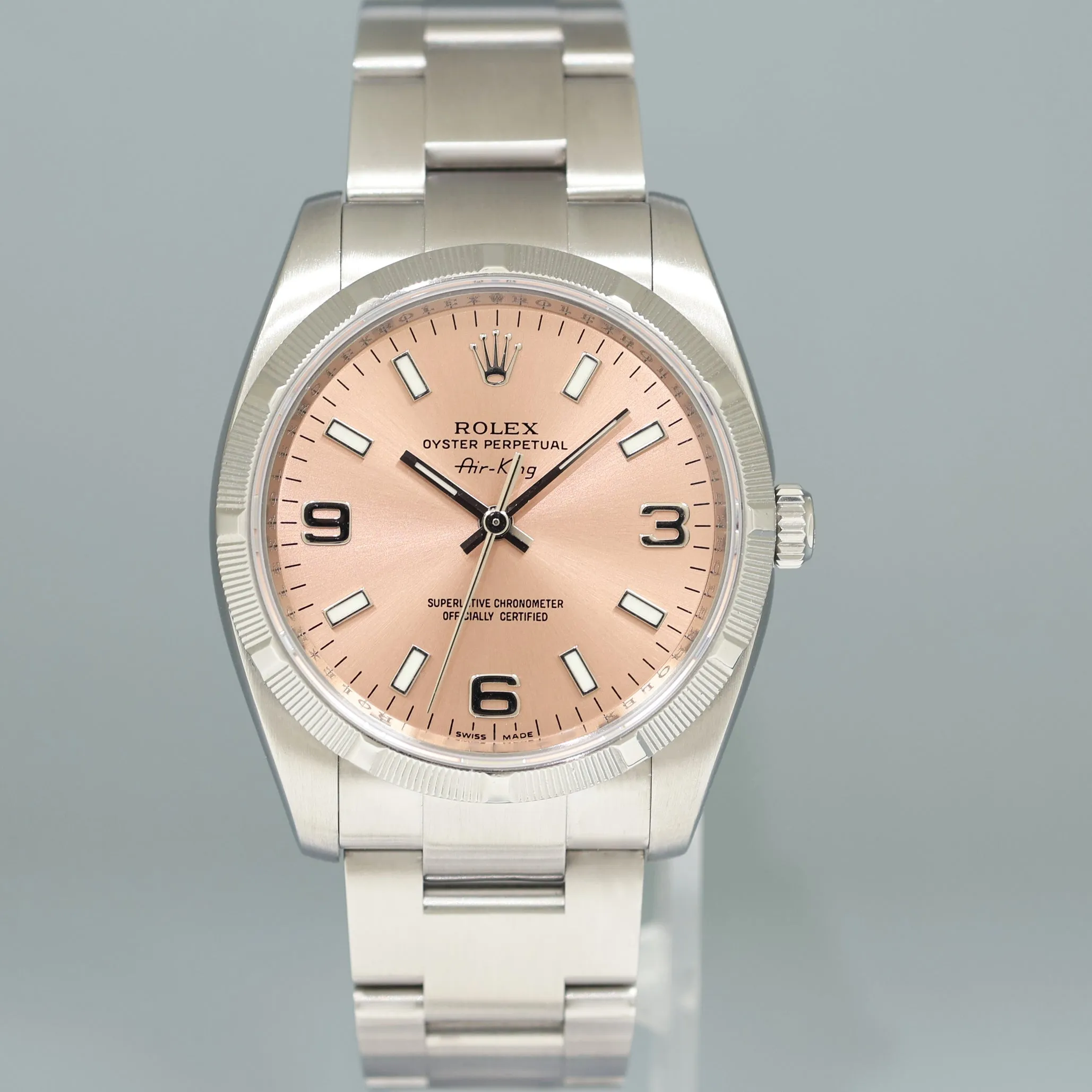 MINT Rolex Air King 114210 Salmon 34mm Pink Dial Oyster Steel Watch Box