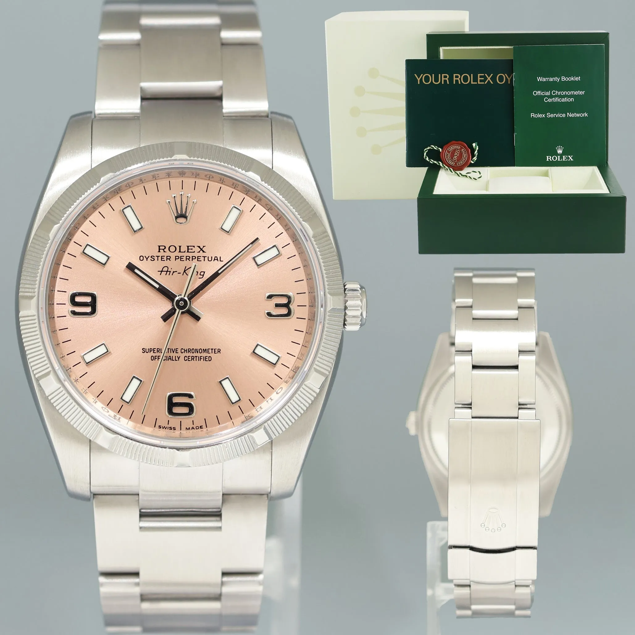 MINT Rolex Air King 114210 Salmon 34mm Pink Dial Oyster Steel Watch Box