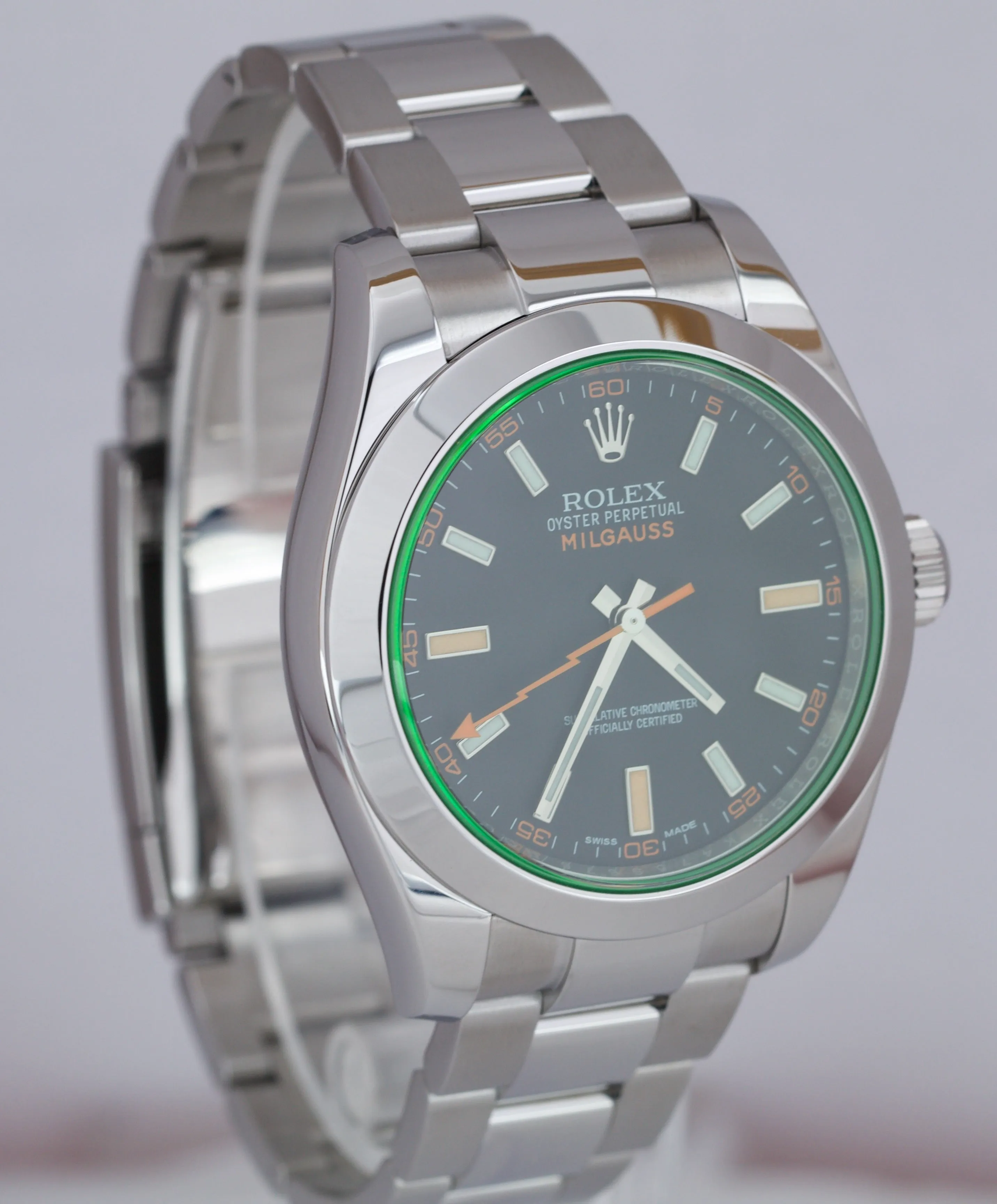 MINT Rolex Milgauss Green Anniversary 116400 GV / V Stainless Steel Black Watch
