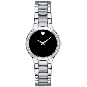 Movado Serio Black Dial Steel Bracelet Quartz Ladies Watch 0606385