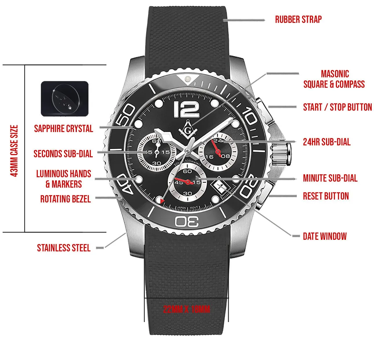 New Men's Stainless Steel Master Mason Masonic Chronograph Watch, 43mm