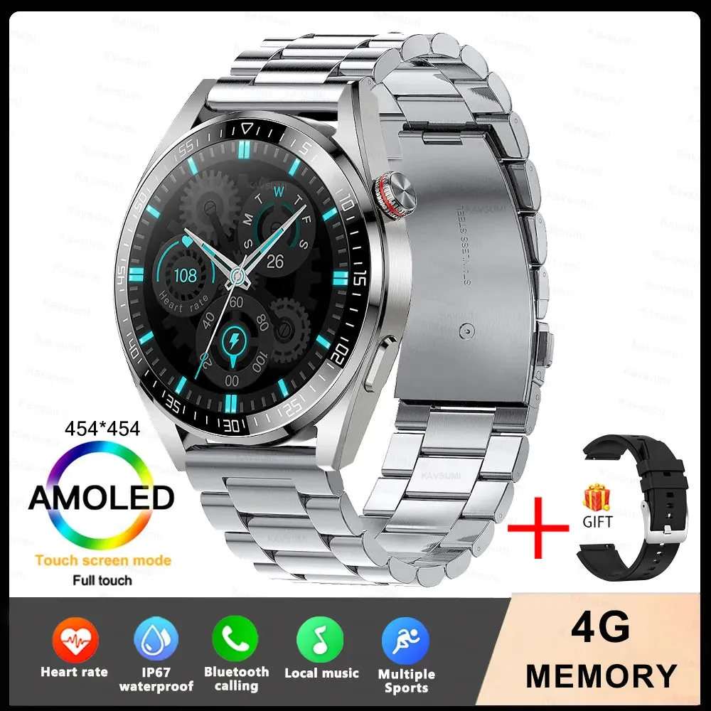 New Smart Watch Mens 4G Memory Local Music Player 454*454 AMOLED Screen Bluetooth Call Sports Man Smartwatch For Samsung Huawei