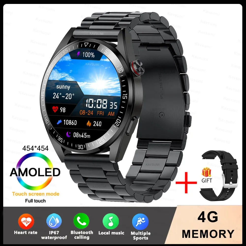 New Smart Watch Mens 4G Memory Local Music Player 454*454 AMOLED Screen Bluetooth Call Sports Man Smartwatch For Samsung Huawei