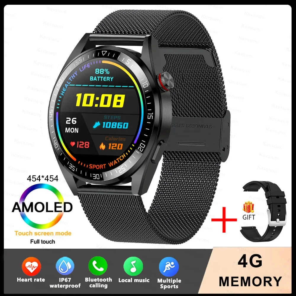 New Smart Watch Mens 4G Memory Local Music Player 454*454 AMOLED Screen Bluetooth Call Sports Man Smartwatch For Samsung Huawei