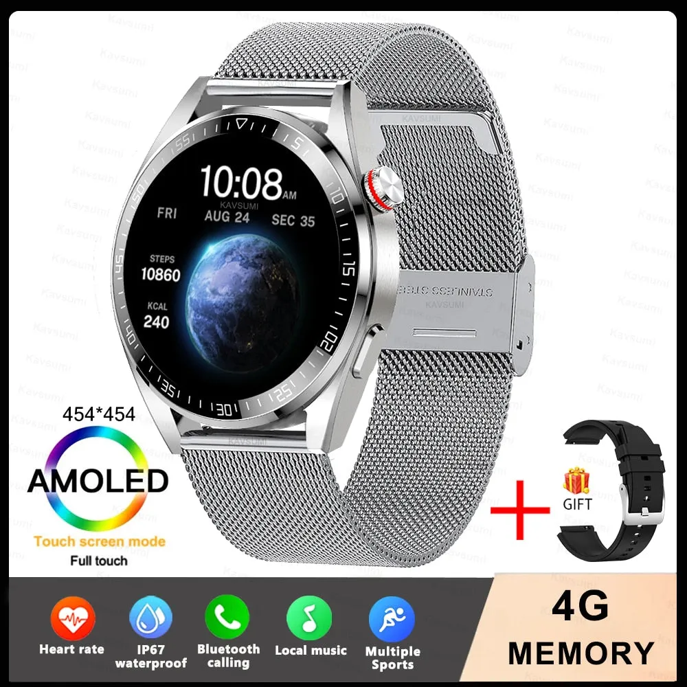 New Smart Watch Mens 4G Memory Local Music Player 454*454 AMOLED Screen Bluetooth Call Sports Man Smartwatch For Samsung Huawei