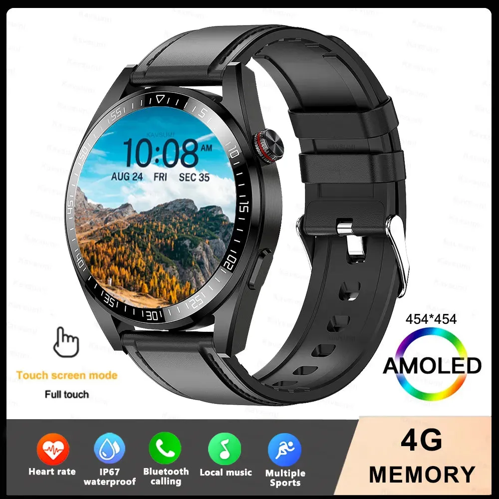 New Smart Watch Mens 4G Memory Local Music Player 454*454 AMOLED Screen Bluetooth Call Sports Man Smartwatch For Samsung Huawei