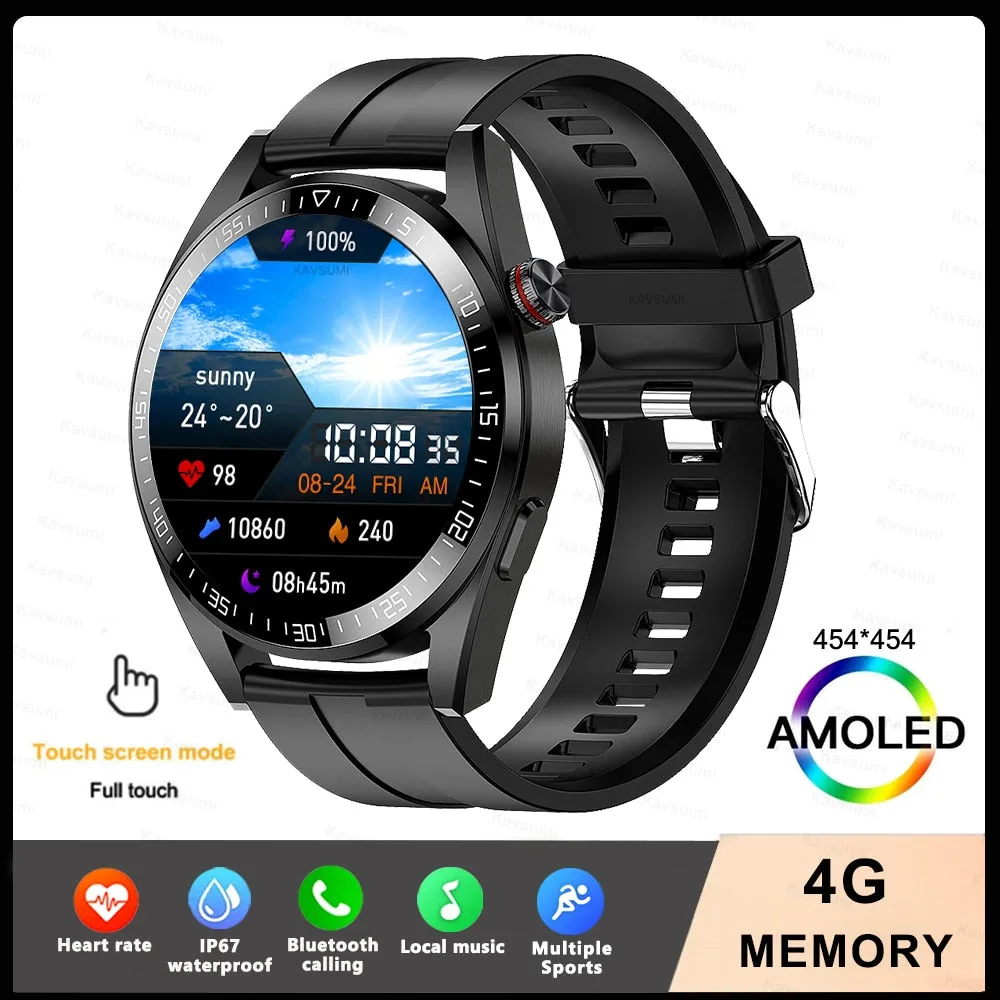 New Smart Watch Mens 4G Memory Local Music Player 454*454 AMOLED Screen Bluetooth Call Sports Man Smartwatch For Samsung Huawei