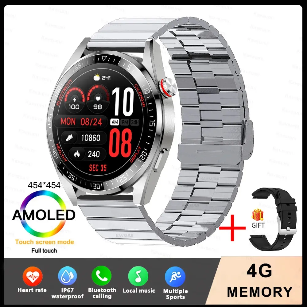 New Smart Watch Mens 4G Memory Local Music Player 454*454 AMOLED Screen Bluetooth Call Sports Man Smartwatch For Samsung Huawei