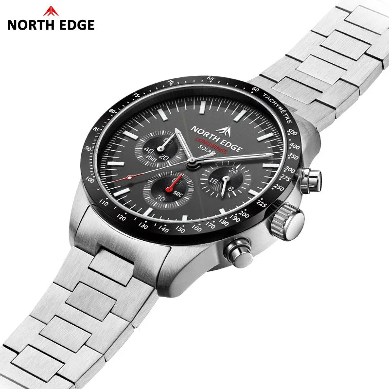 North Edge LONGWINGS Solar Quartz Wristwatch｜Backlit Display｜Stainless Steel Strap｜50m Water Resistance