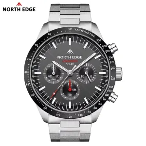 North Edge LONGWINGS Solar Quartz Wristwatch｜Backlit Display｜Stainless Steel Strap｜50m Water Resistance