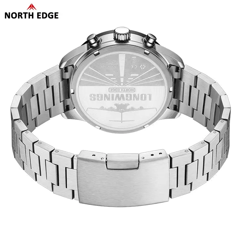 North Edge LONGWINGS Solar Quartz Wristwatch｜Backlit Display｜Stainless Steel Strap｜50m Water Resistance