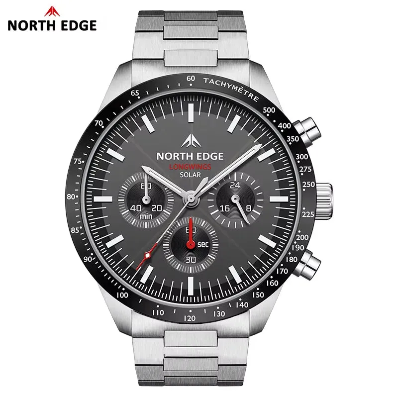 North Edge LONGWINGS Solar Quartz Wristwatch｜Backlit Display｜Stainless Steel Strap｜50m Water Resistance