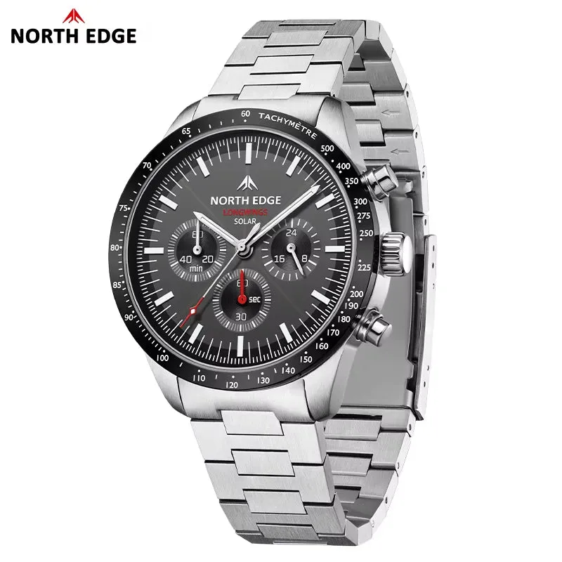 North Edge LONGWINGS Solar Quartz Wristwatch｜Backlit Display｜Stainless Steel Strap｜50m Water Resistance