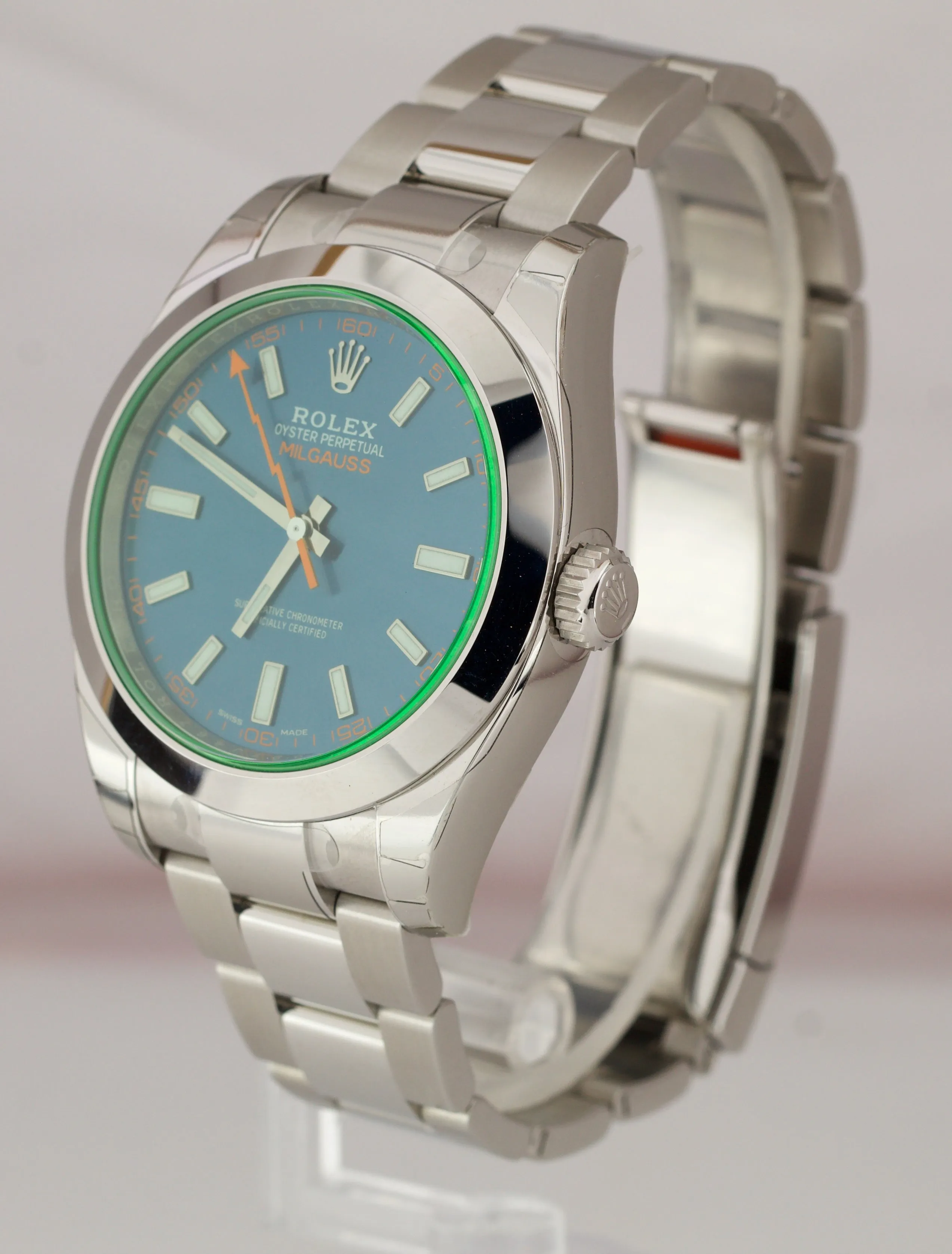 NOS NEW Rolex Milgauss Z-Blue Green Anniversary 40mm 116400 GV Stainless Watch