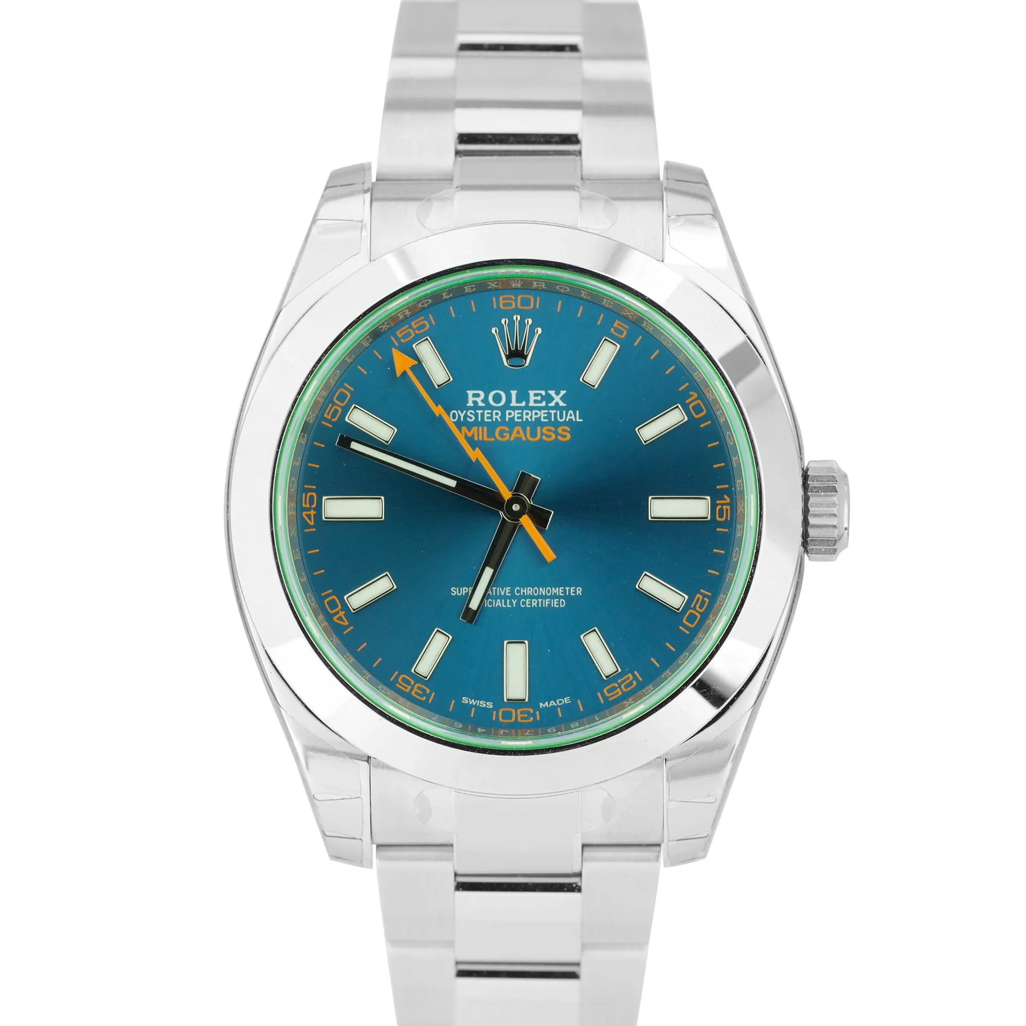 NOS NEW Rolex Milgauss Z-Blue Green Anniversary 40mm 116400 GV Stainless Watch