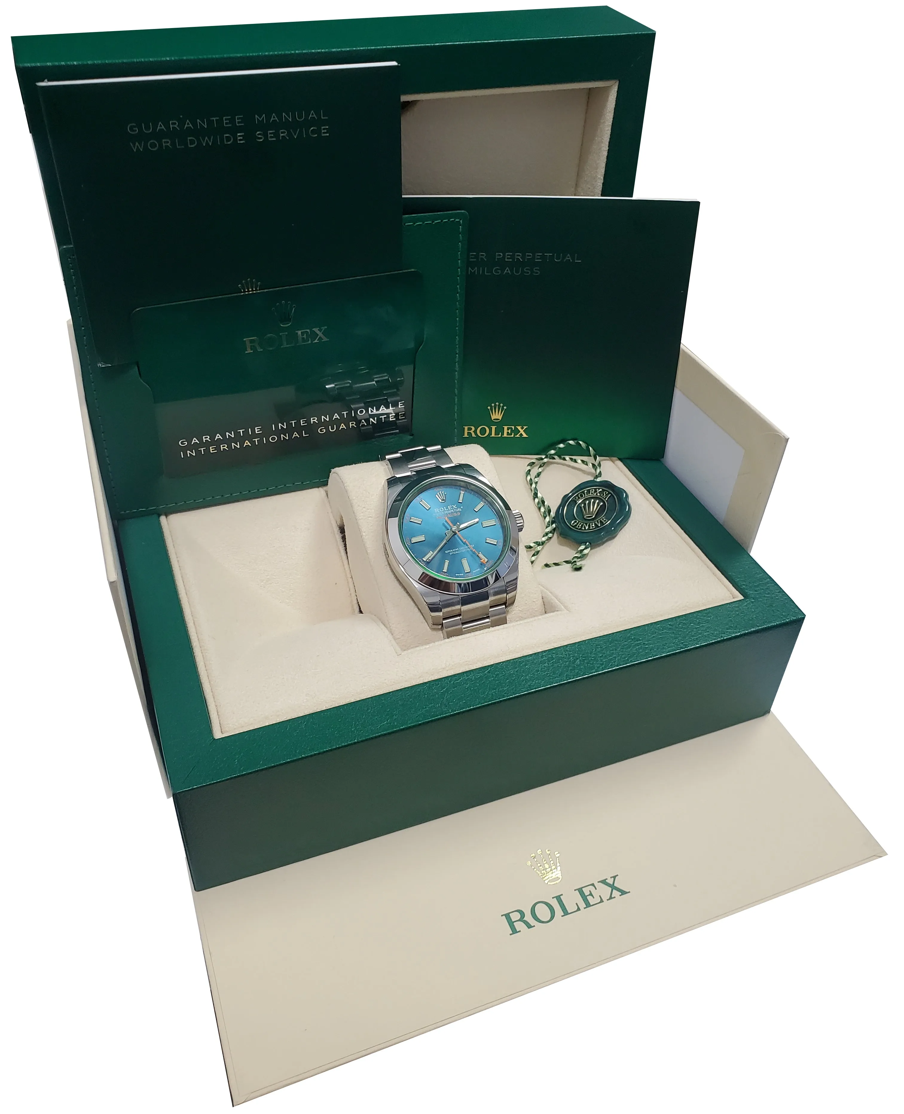 NOS NEW Rolex Milgauss Z-Blue Green Anniversary 40mm 116400 GV Stainless Watch
