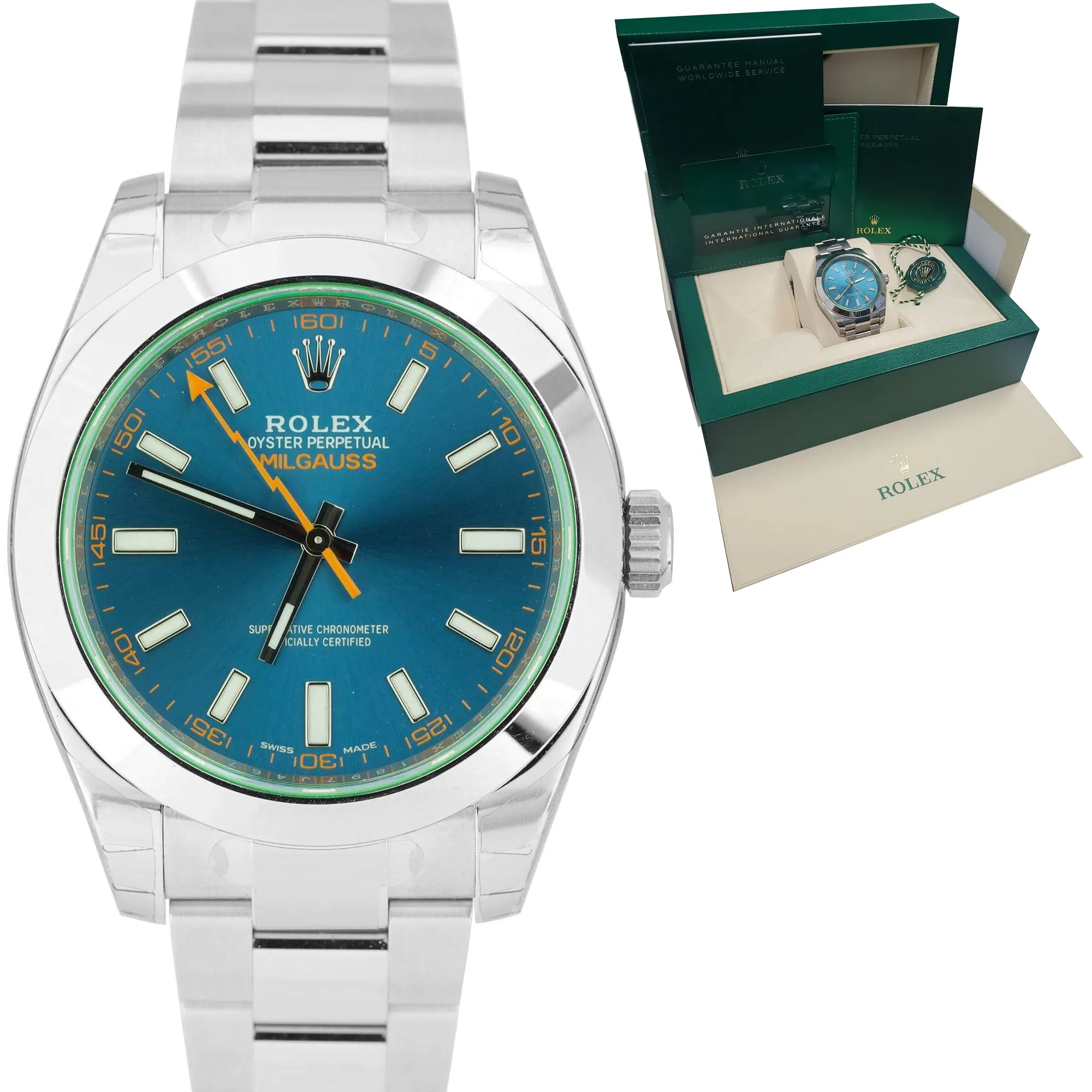 NOS NEW Rolex Milgauss Z-Blue Green Anniversary 40mm 116400 GV Stainless Watch