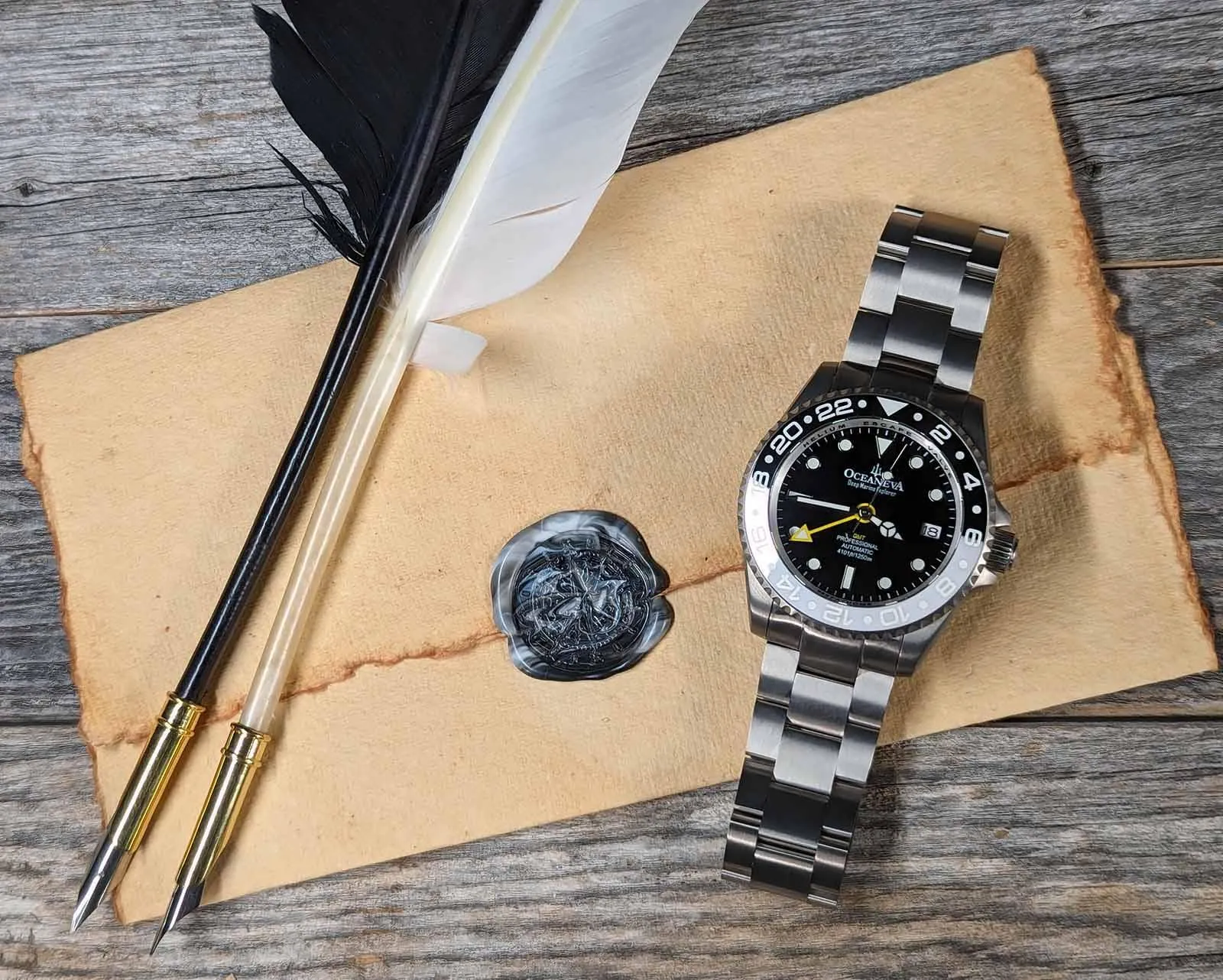 Oceaneva Men's GMT TITANIUM Automatic Deep Marine Explorer 1250M Black & White Ceramic Bezel Watch