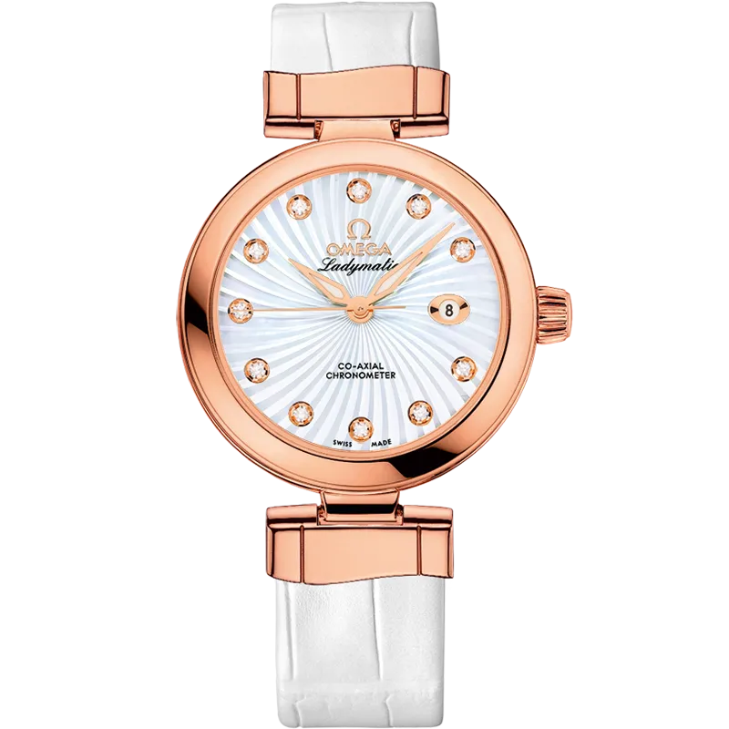 Omega De Ville Ladymatic 34 mm, red gold on leather strap