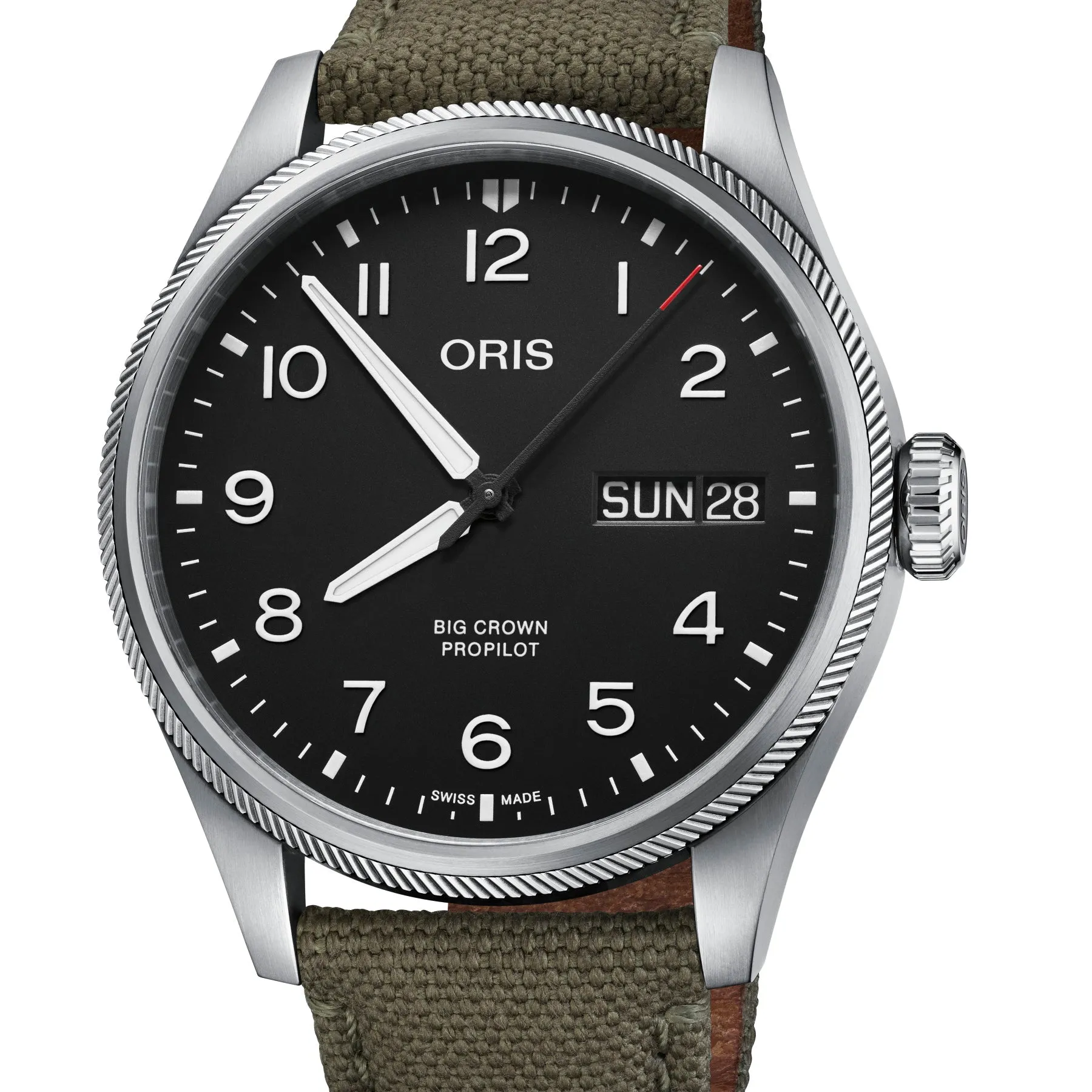 Oris Big Crown ProPilot Big Day Date Black Dial Watch with Olive Strap