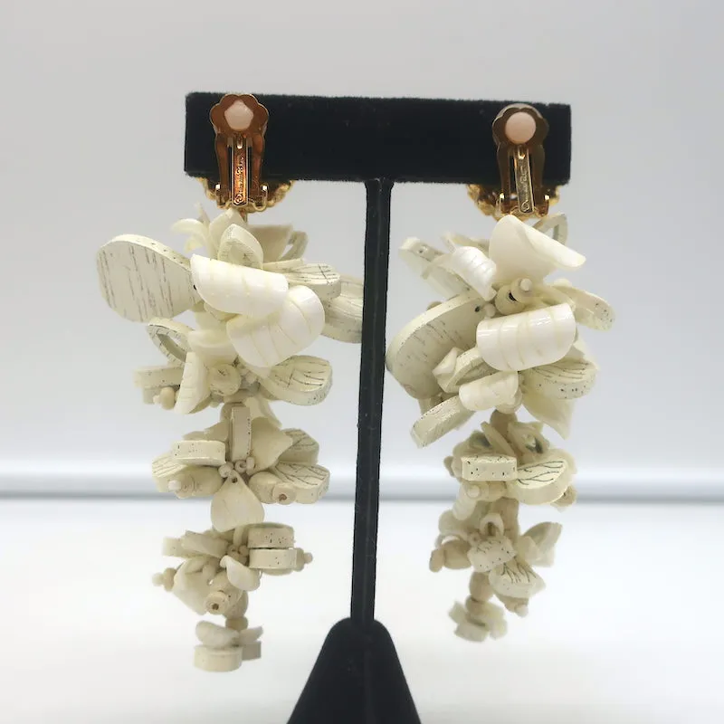 Oscar de la Renta Wooden Petal Clip-On Dangle Earrings Ivory