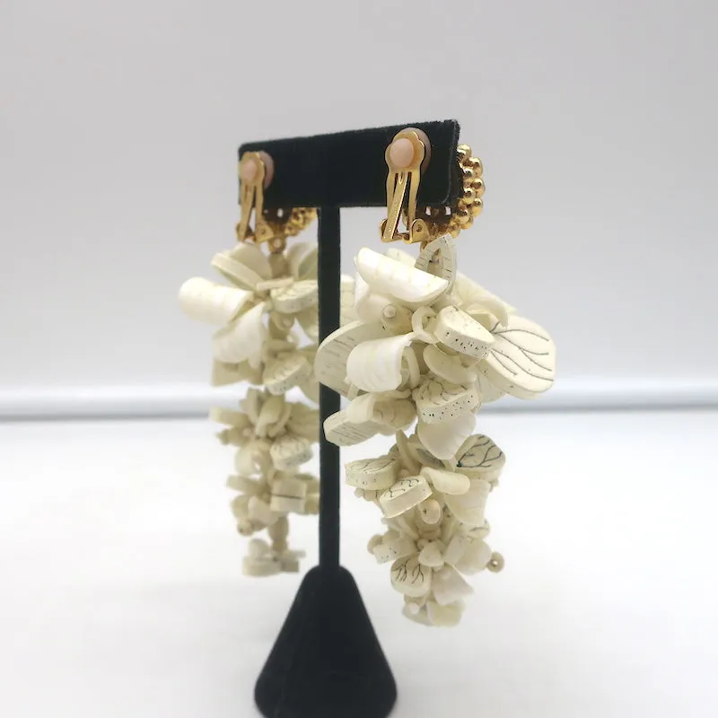 Oscar de la Renta Wooden Petal Clip-On Dangle Earrings Ivory