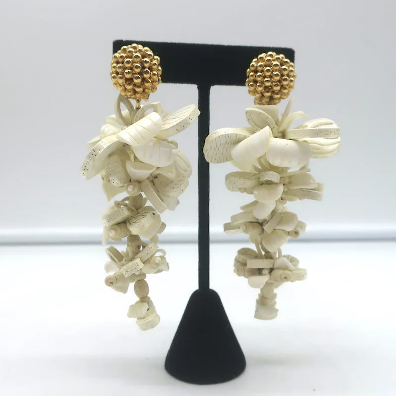 Oscar de la Renta Wooden Petal Clip-On Dangle Earrings Ivory