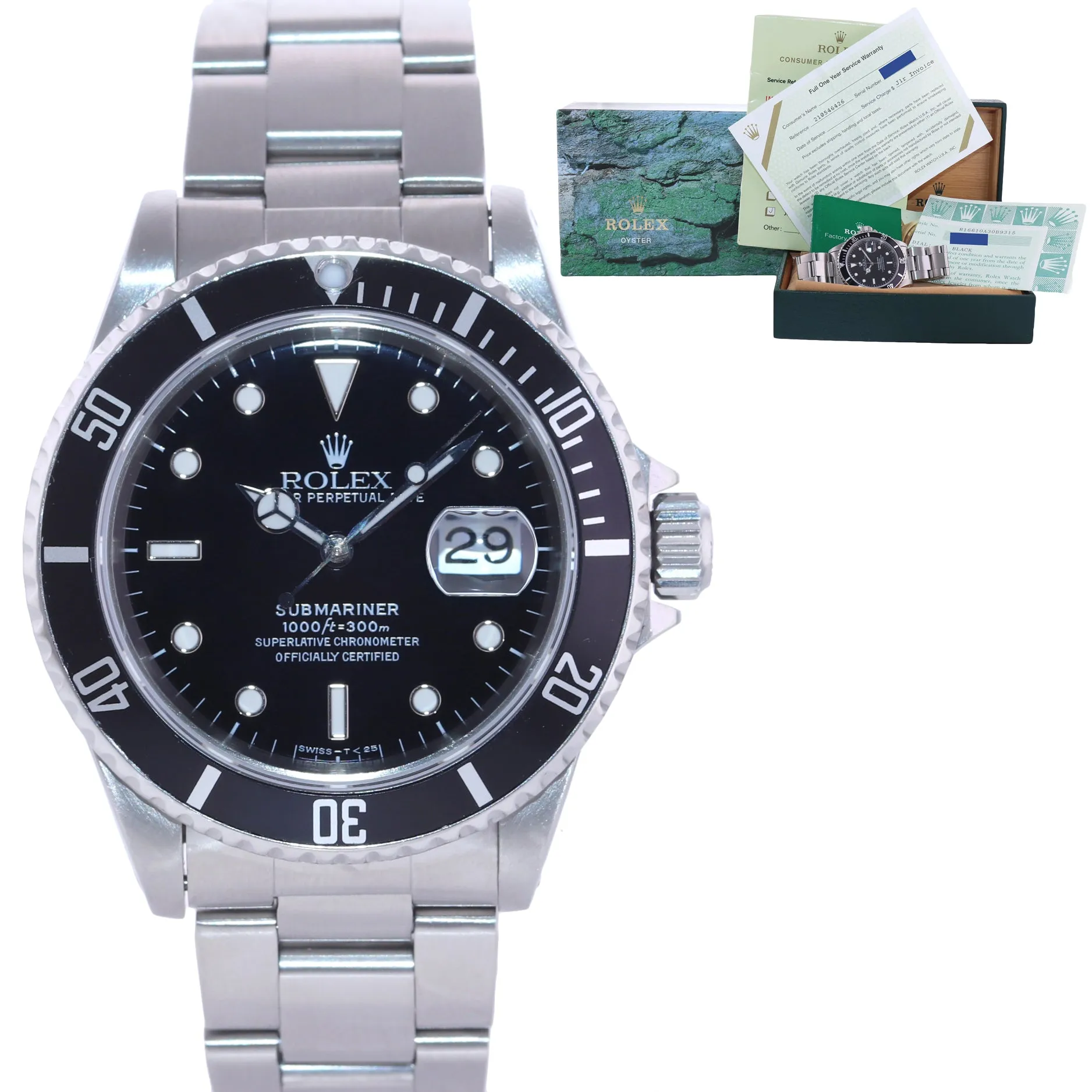 PAPERS and RSC Service Rolex Submariner Date 16610 Tritium Steel Pre-Ceramic Watch