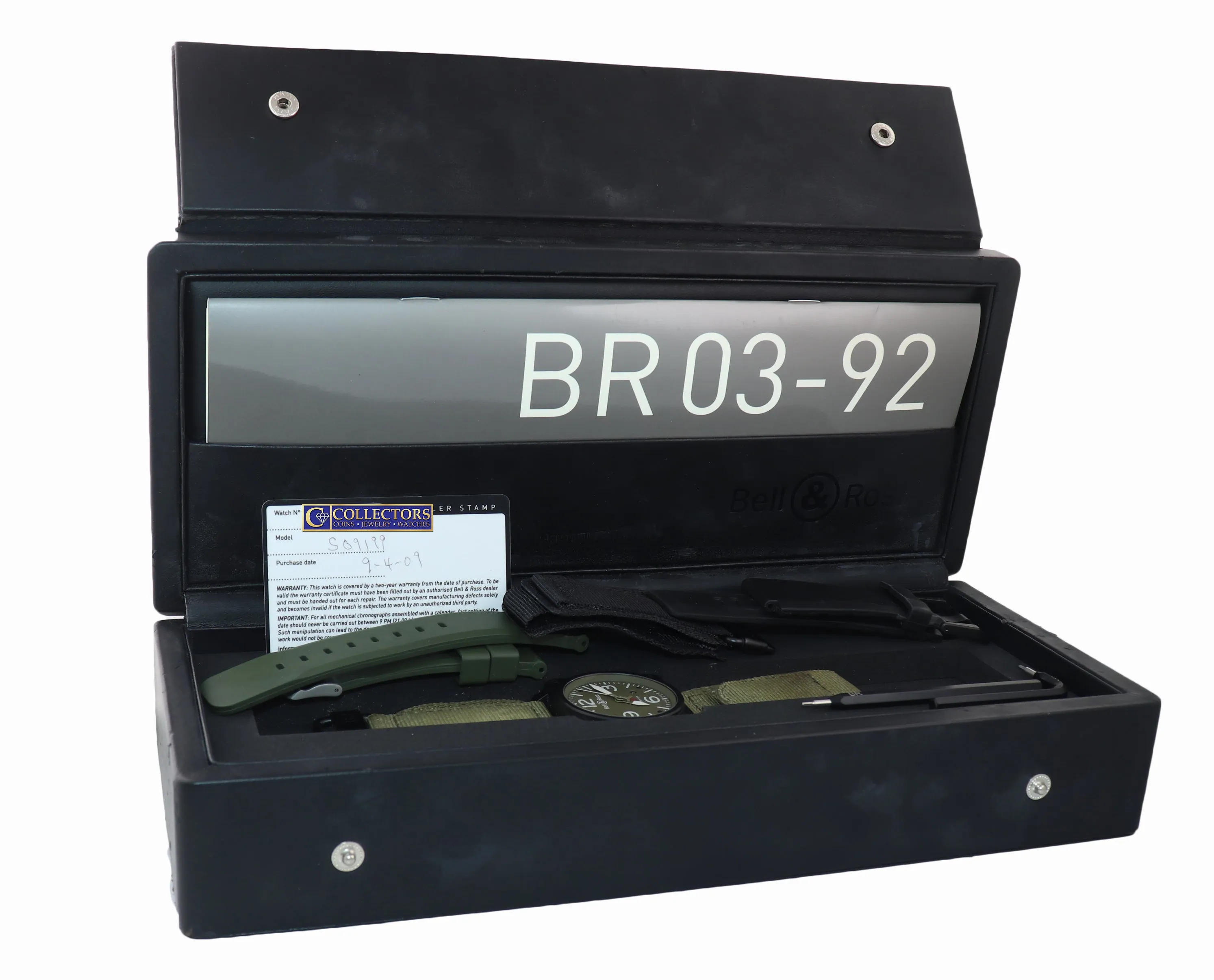 PAPERS Bell & Ross BR03-92 Military Type Black PVD OD Green 42mm Date Watch