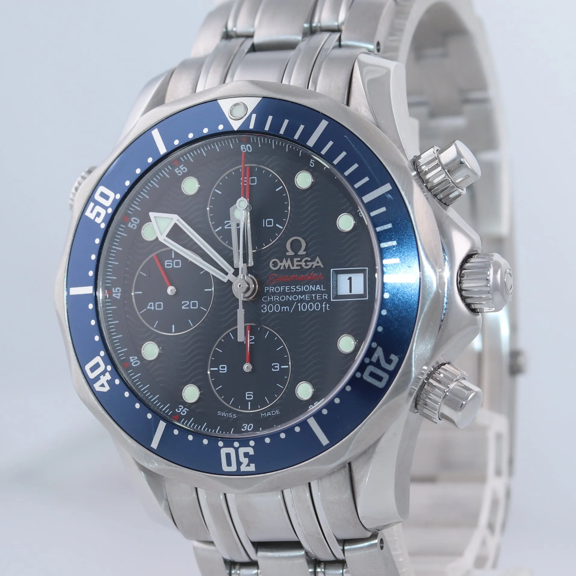PAPERS Omega Seamaster 300M 2225.80.00 Blue 41.5mm Steel Chronograph Date Watch