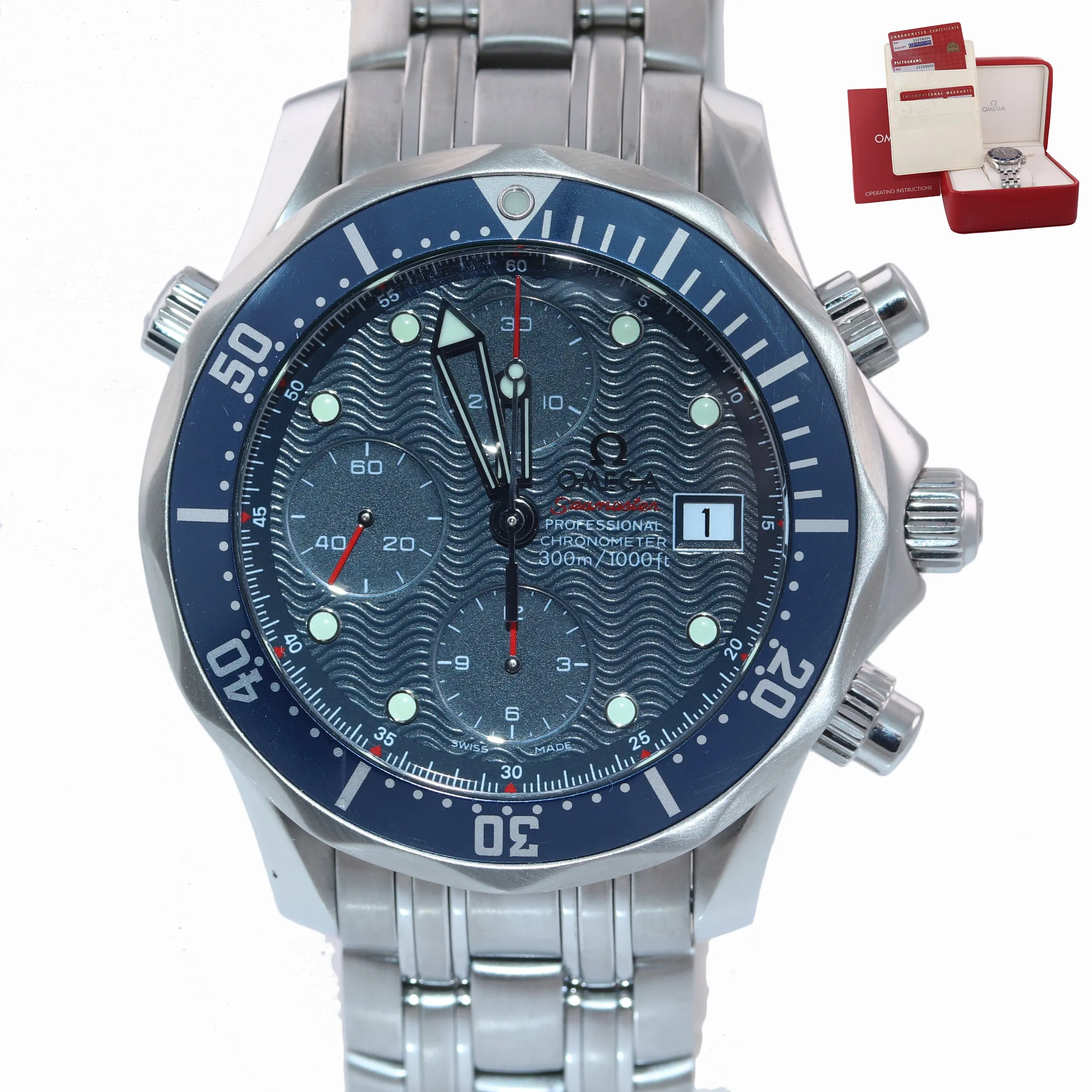 PAPERS Omega Seamaster 300M 2225.80.00 Blue 41.5mm Steel Chronograph Date Watch