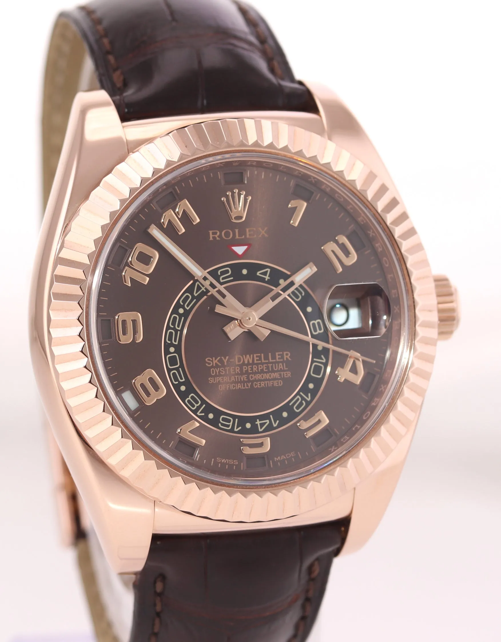 PAPERS Rolex Sky-Dweller 18K Rose Gold 326135 42mm Chocolate Dial Leather Watch