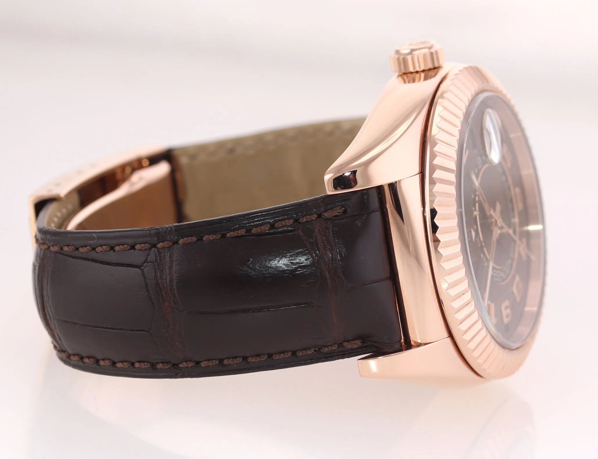 PAPERS Rolex Sky-Dweller 18K Rose Gold 326135 42mm Chocolate Dial Leather Watch