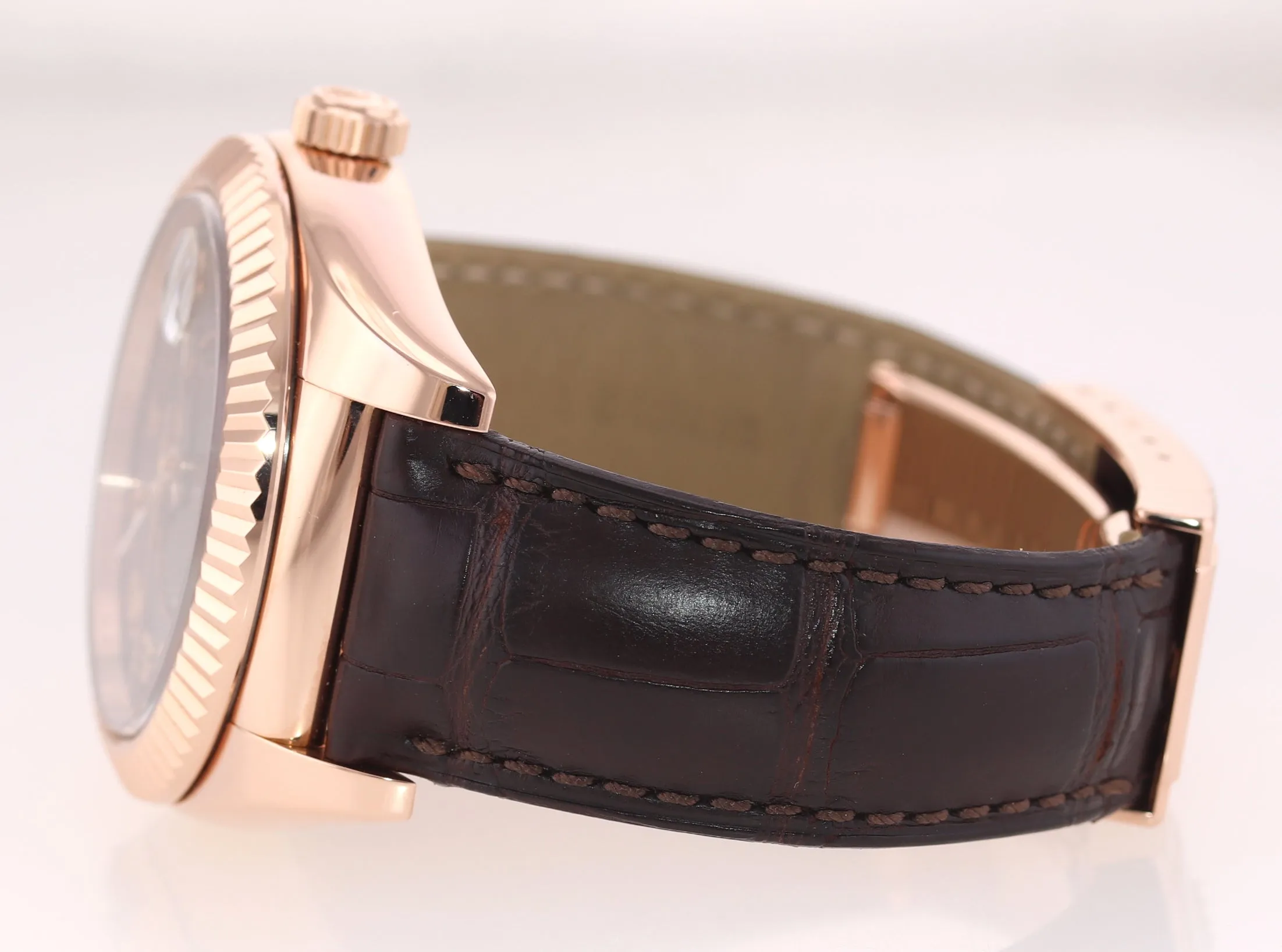 PAPERS Rolex Sky-Dweller 18K Rose Gold 326135 42mm Chocolate Dial Leather Watch