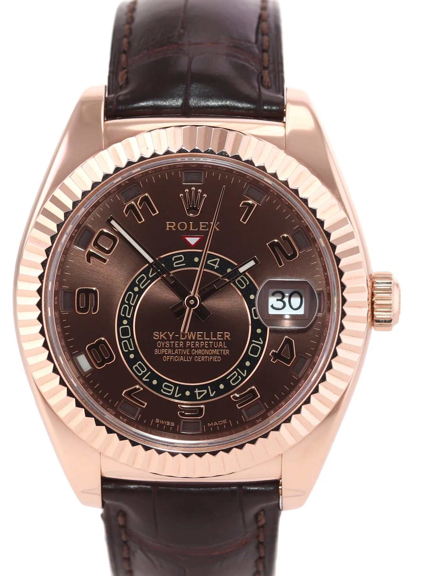 PAPERS Rolex Sky-Dweller 18K Rose Gold 326135 42mm Chocolate Dial Leather Watch