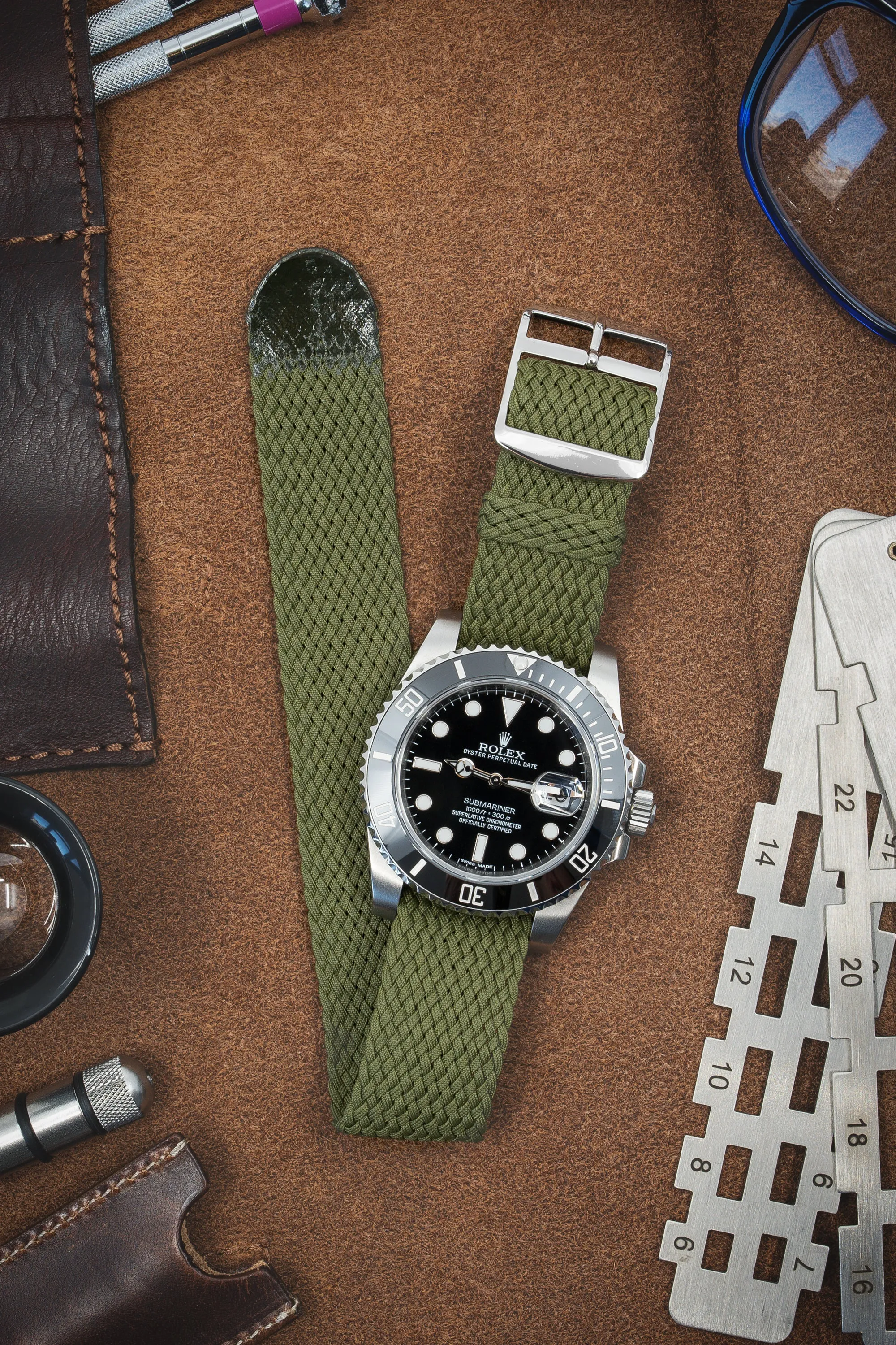 PERLON Braided One Piece Watch Strap & Buckle in MILITARY GREEN